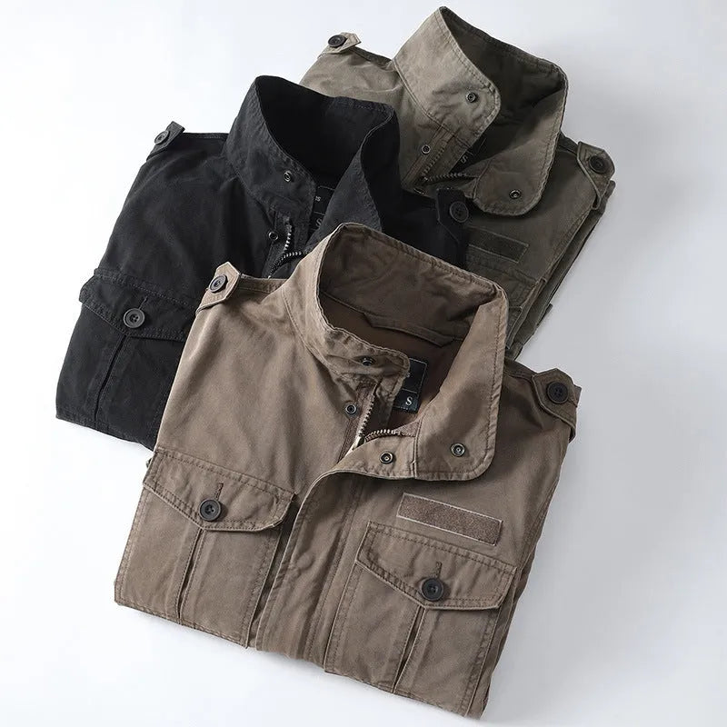 Men's loose fit cotton jacket in light brown colour with zip front closure