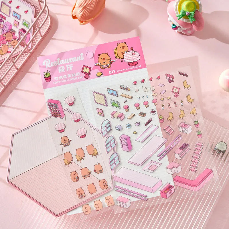 Pack of cut-free cartoon landscaping stickers showing bakery, bookstore, and flower shop scenes on a 190x125mm sheet.