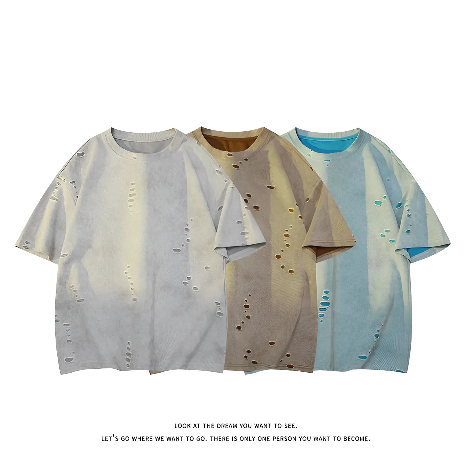Men's blue ripped short sleeve cotton blend T-shirt with loose fit casual style