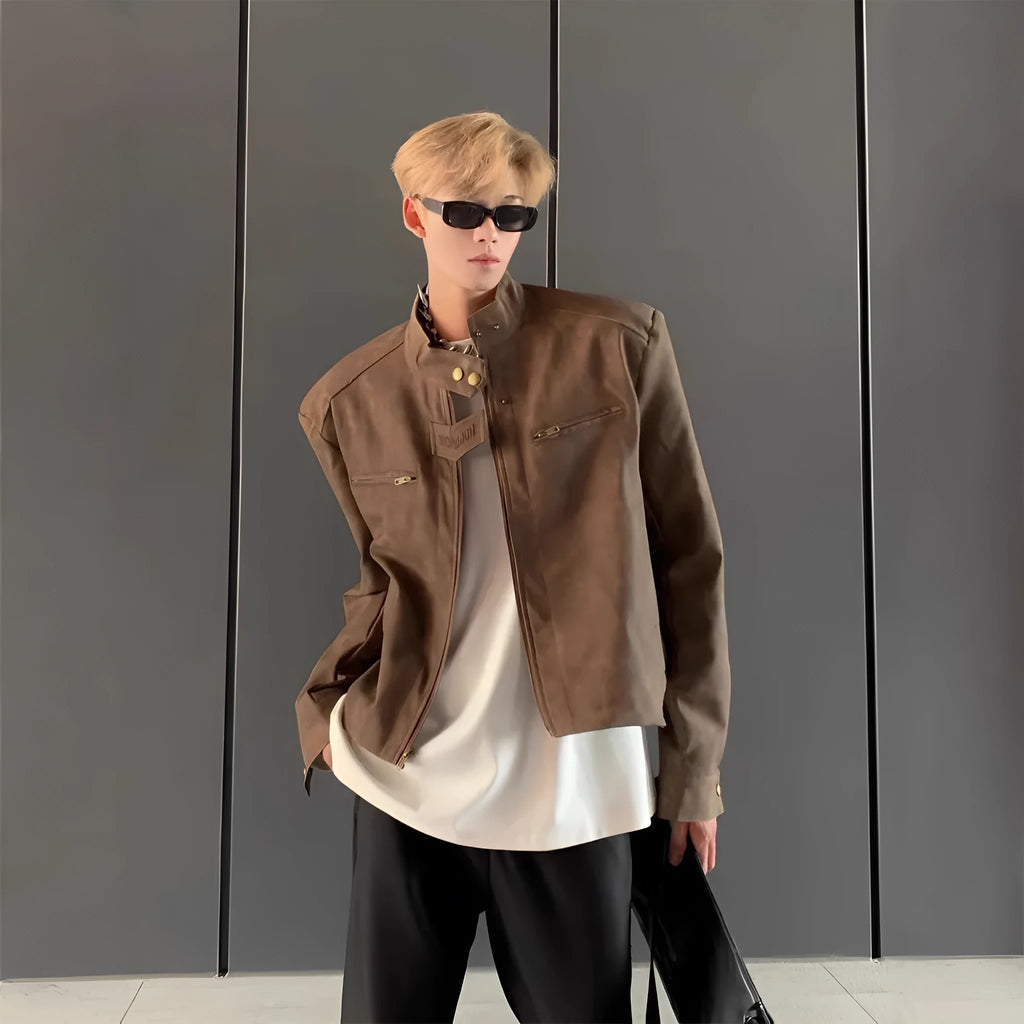 Men's brown loose cropped cotton blend jacket with straight hem and long sleeves