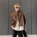 Men's brown loose cropped cotton blend jacket with straight hem and long sleeves