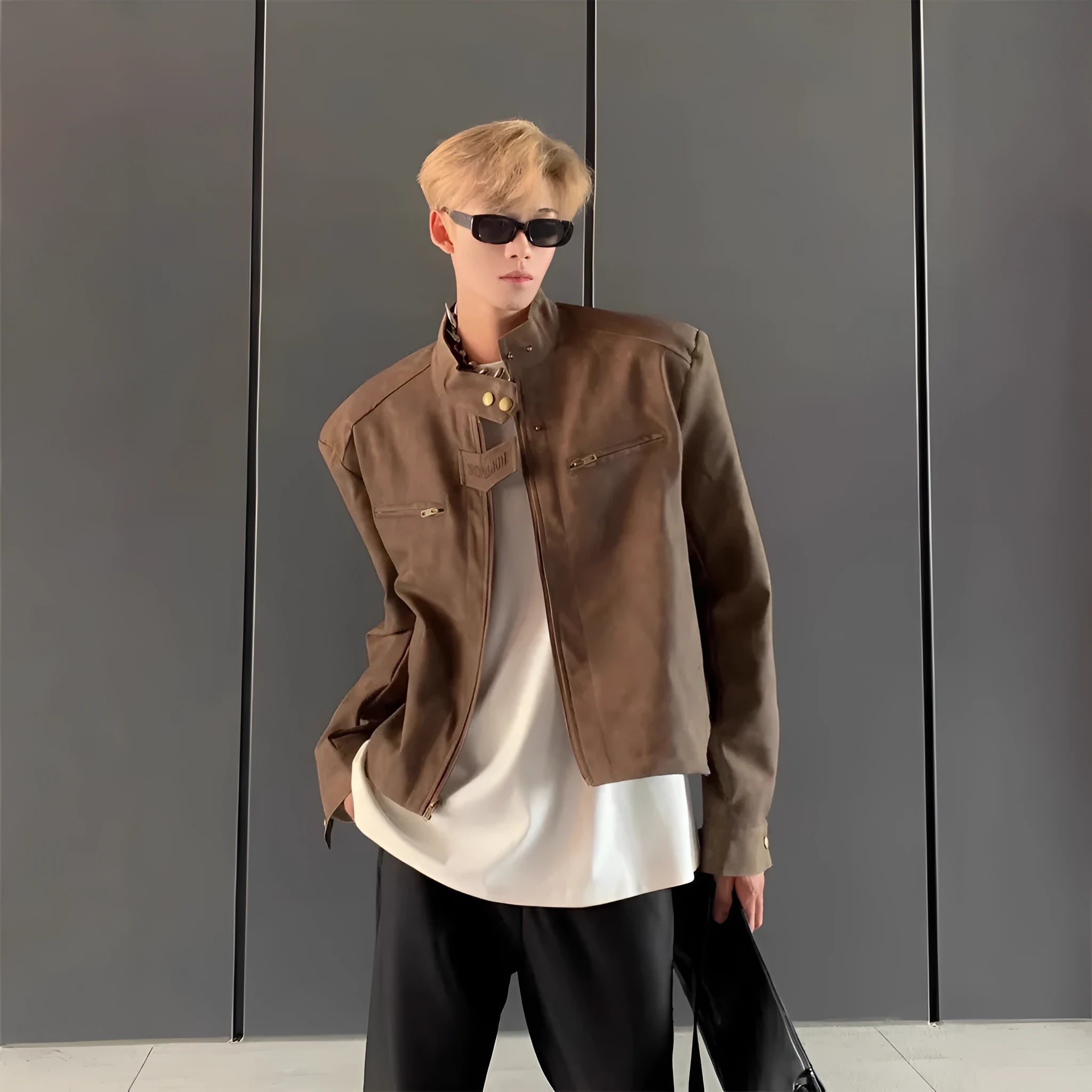 Men's brown loose cropped cotton blend jacket with straight hem and long sleeves