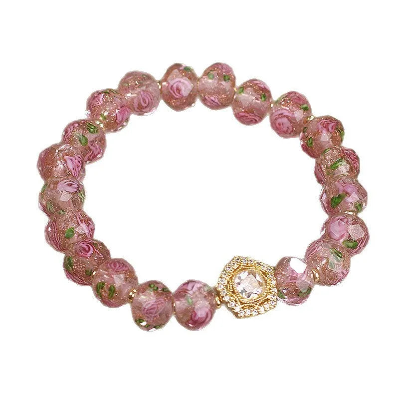 Flower Story pink crystal bracelet women's light luxury electroplated glass coloured glaze bracelet