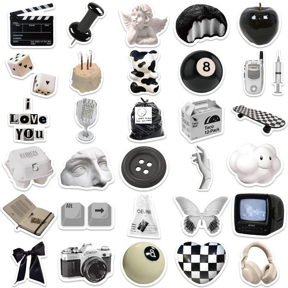 61 black and white waterproof PVC stickers for laptops, phones, and luggage decor.