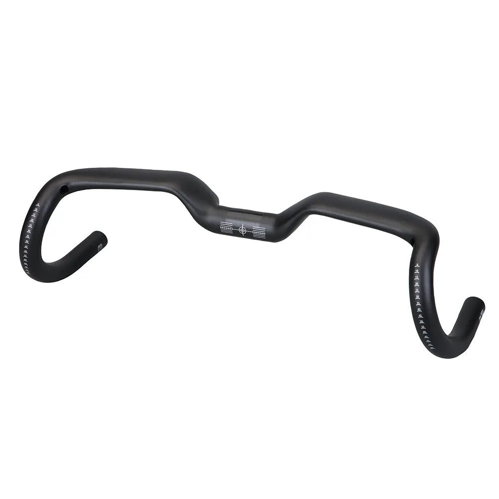 Black carbon fibre bicycle handlebar showing bent shape, with 31.8mm clamp area.