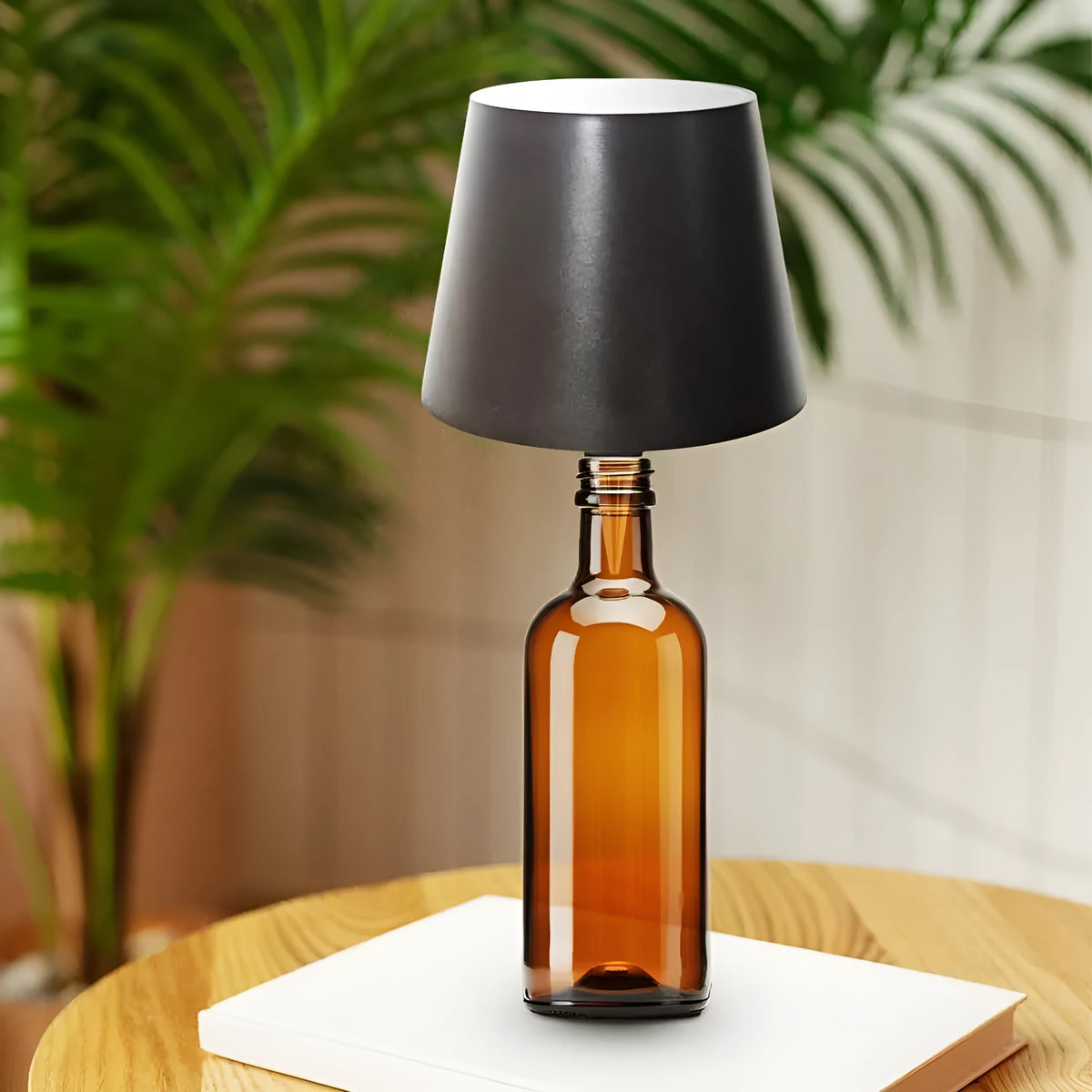 LED wine bottle table lamp with USB charging and three colour dimming modes in a white cylinder base