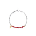 Silver geometric couple bracelet with round beads showing white K electroplated finish on 16cm length