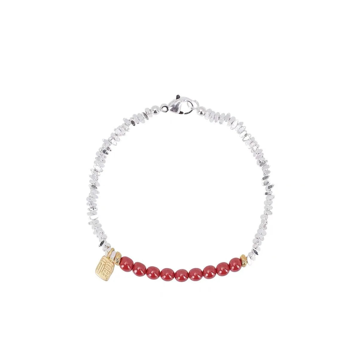 Silver geometric couple bracelet with round beads showing white K electroplated finish on 16cm length