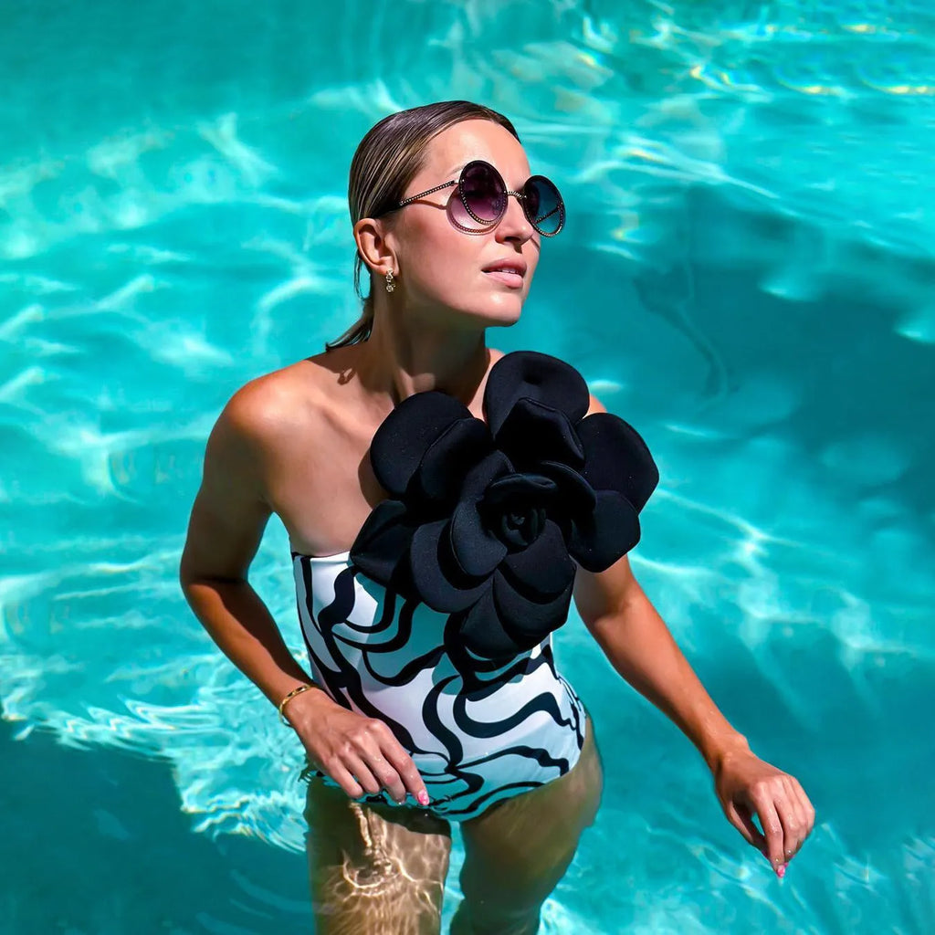 European American style one-piece swimsuit with three-dimensional floral pattern in nylon fabric