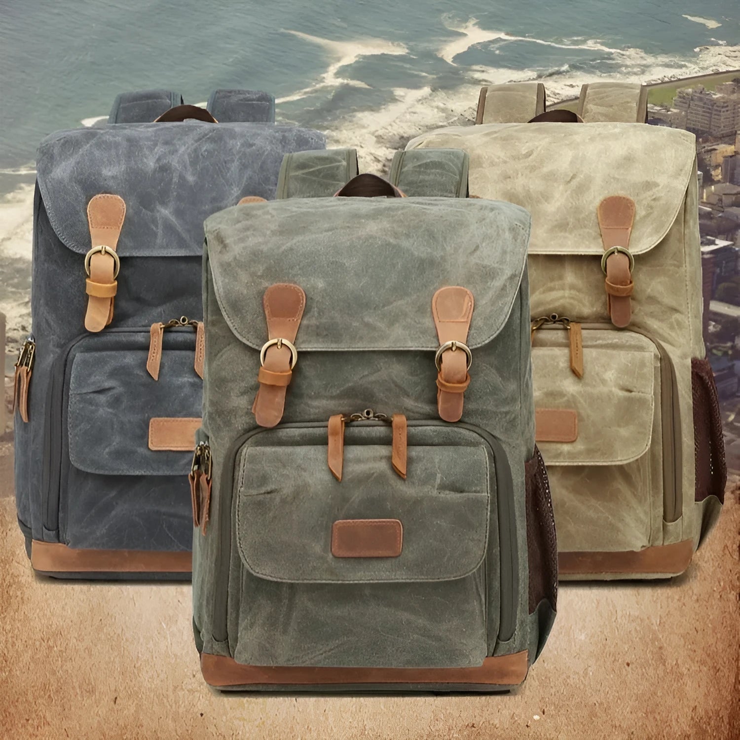 Canvas DSLR camera backpack in khaki colour, showing backpack straps and main compartment.
