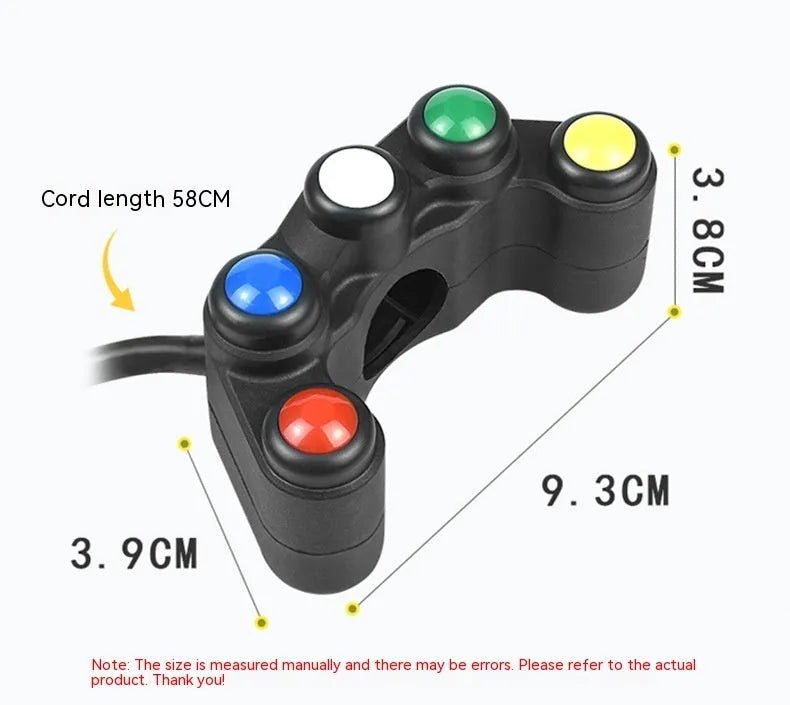 Plastic five-position vehicle electrical switch with red, yellow, blue, green and white buttons