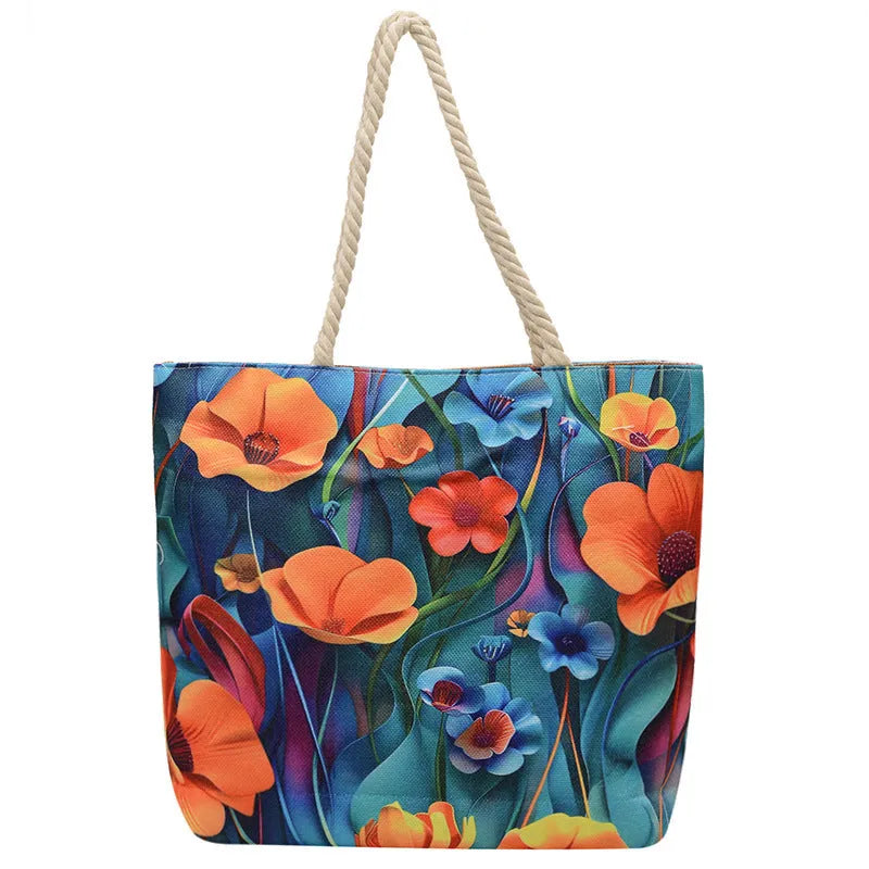 A soft cotton and linen string shoulder handbag with two straps and an open outer pocket.