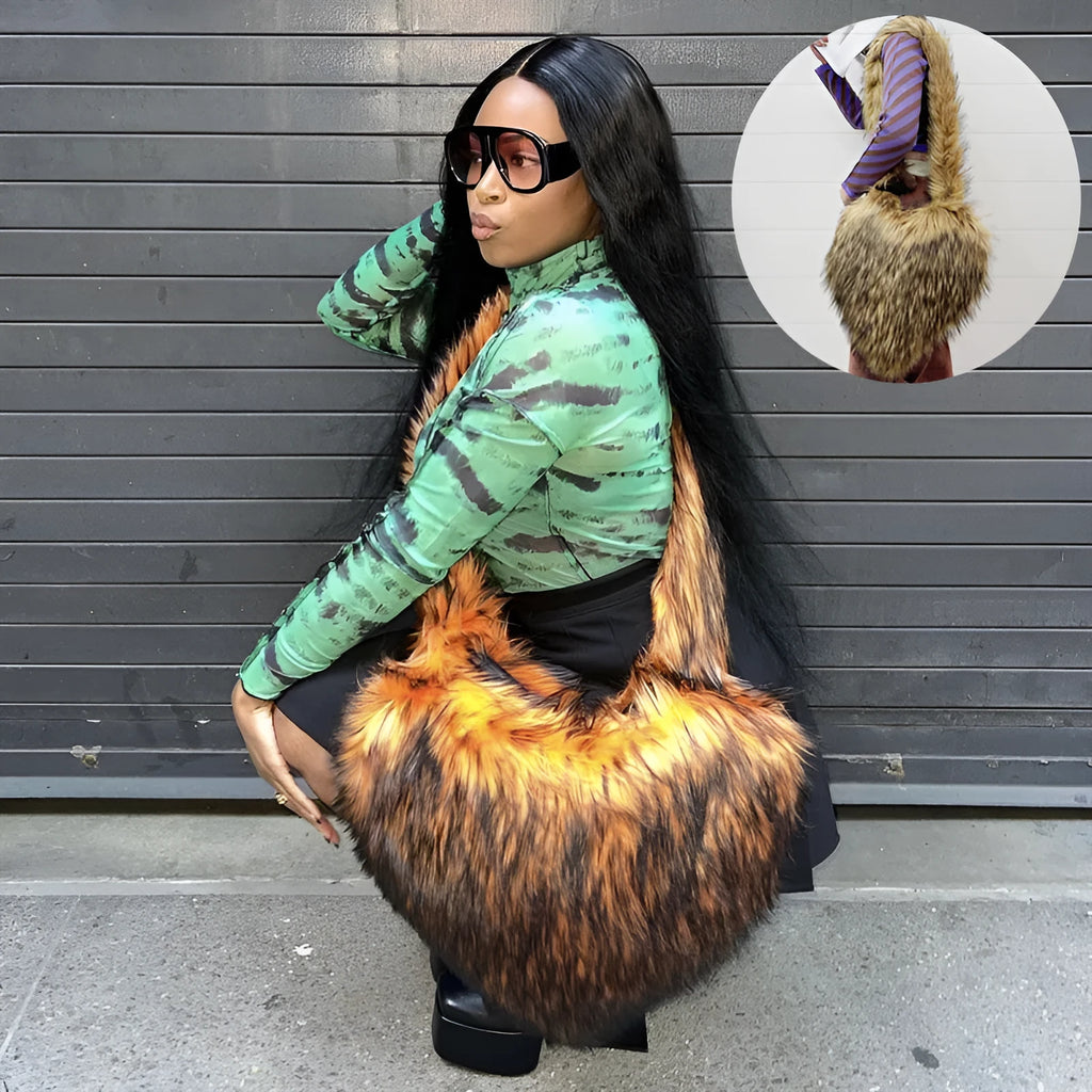 Women winter fleece heart shape crossbody bag with plush exterior, tassel detail, and large capacity