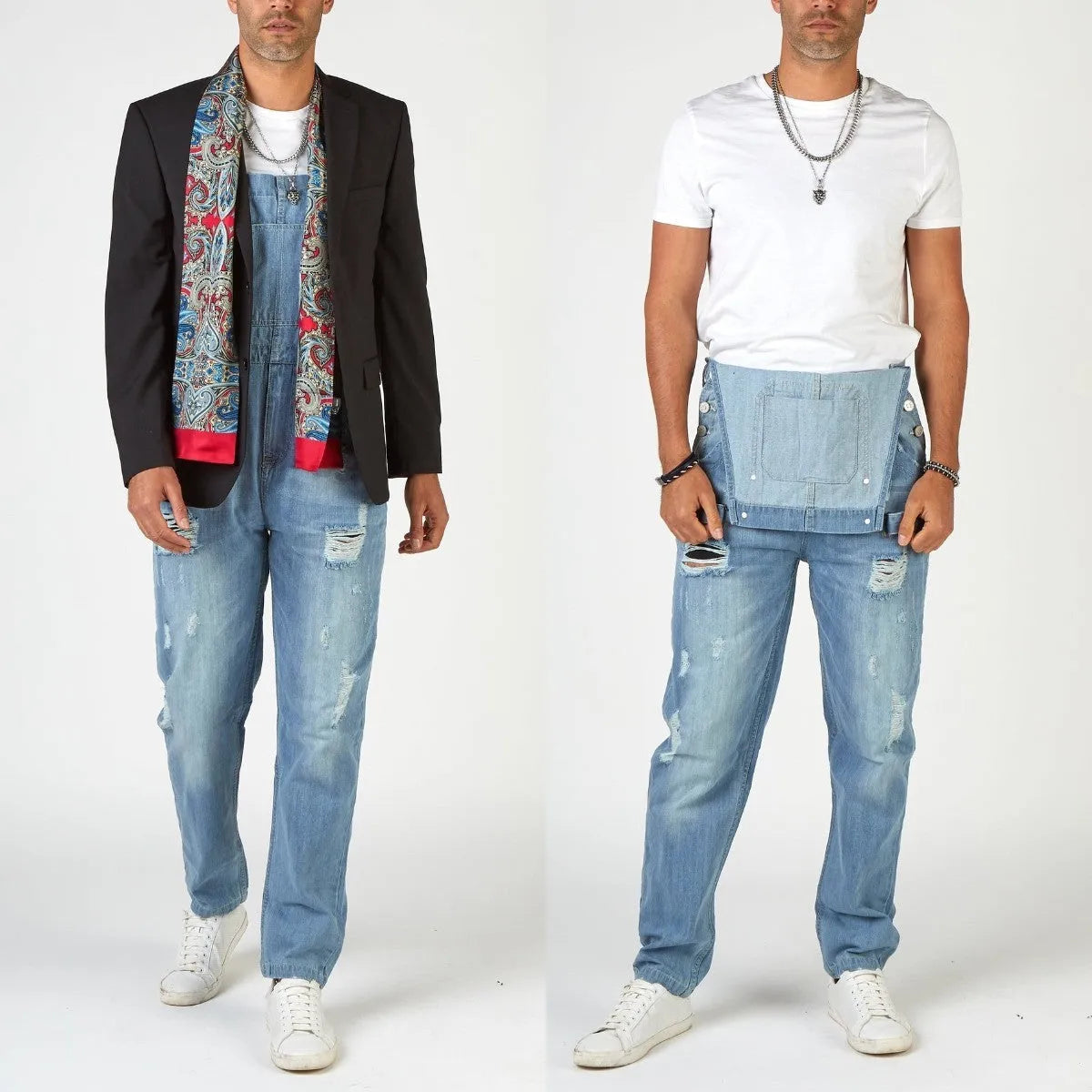 Men's light blue ripped suspender jeans high waist straight leg retro denim trousers button fly