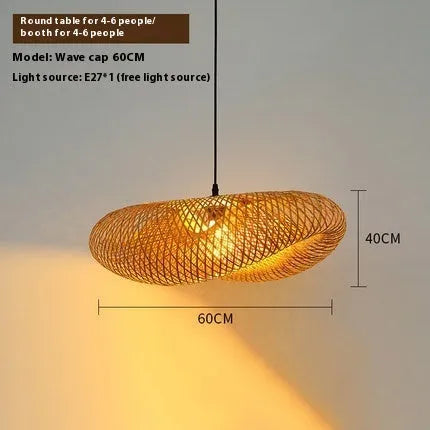 Woven bamboo straw hat-shaped hanging chandelier lamp showing natural texture and circular form