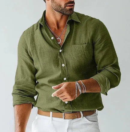 Men's Western denim style long-sleeved lapel shirt, loose polyester summer shirt in sizes S-5XL