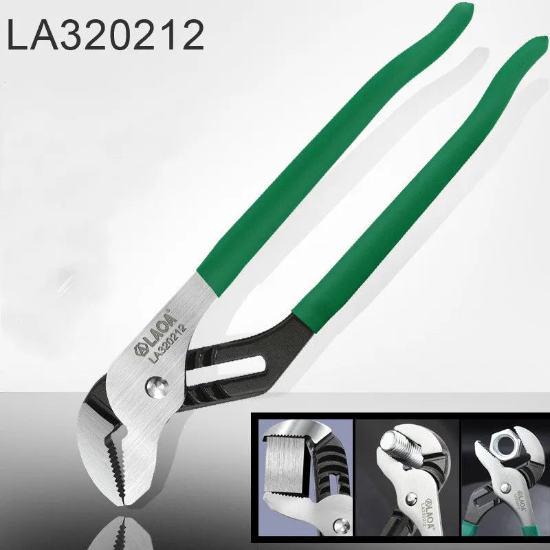 Adjustable CR-V steel pipe wrench with viscous plastic handle, shown in various sizes on a workbench.