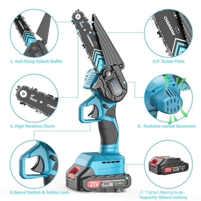 Handheld electric chainsaw with 6-inch chain, two lithium batteries, safety goggles, gloves and storage box