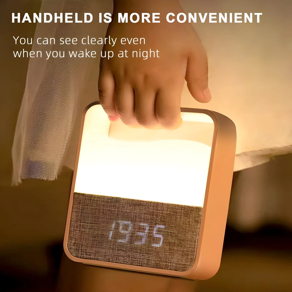 Wood grain geometric stereo alarm clock night lamp with remote control on a bedside table