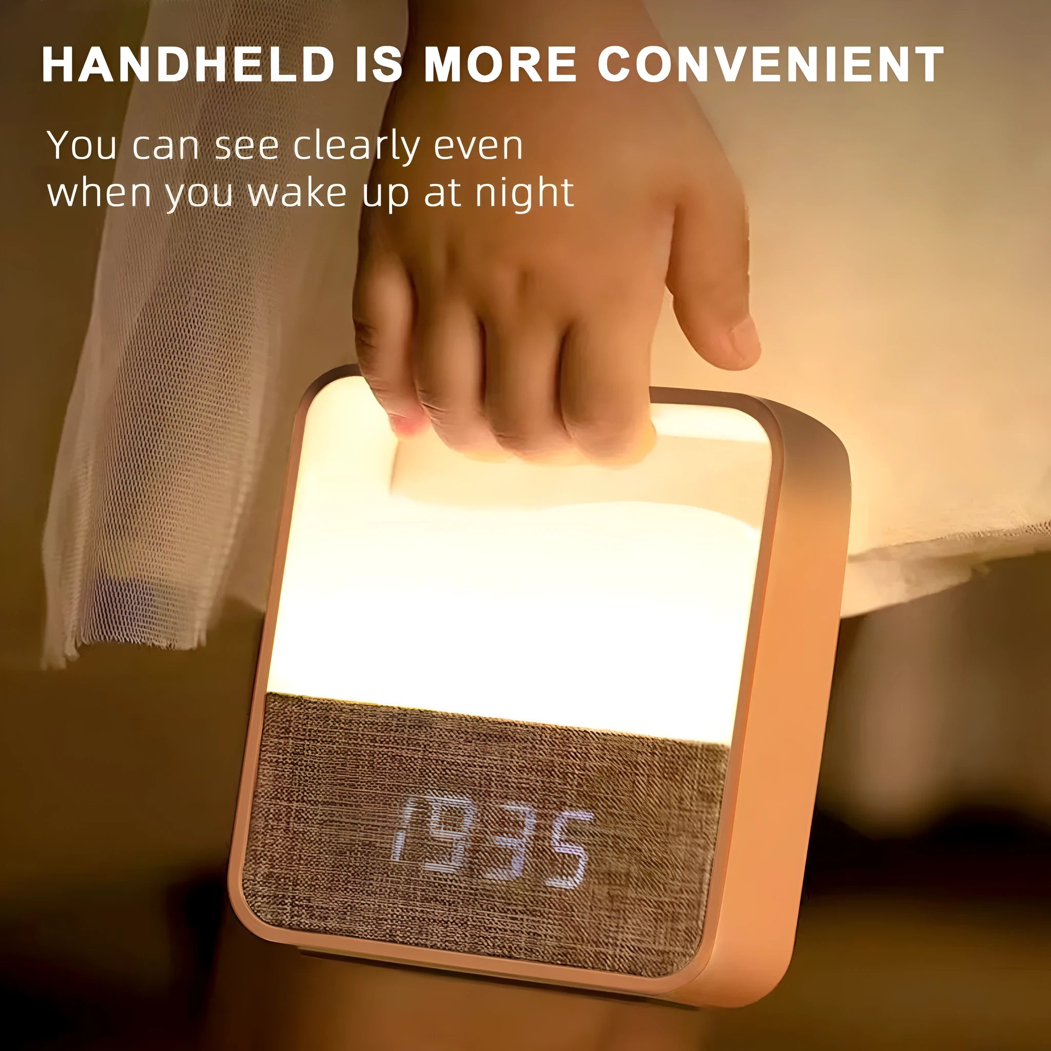 Wood grain geometric stereo alarm clock night lamp with remote control on a bedside table