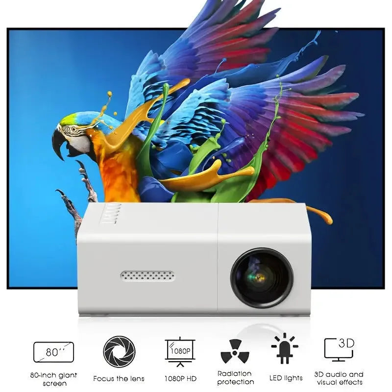 Black and white M100 mini portable LED home projector with remote control on a table.