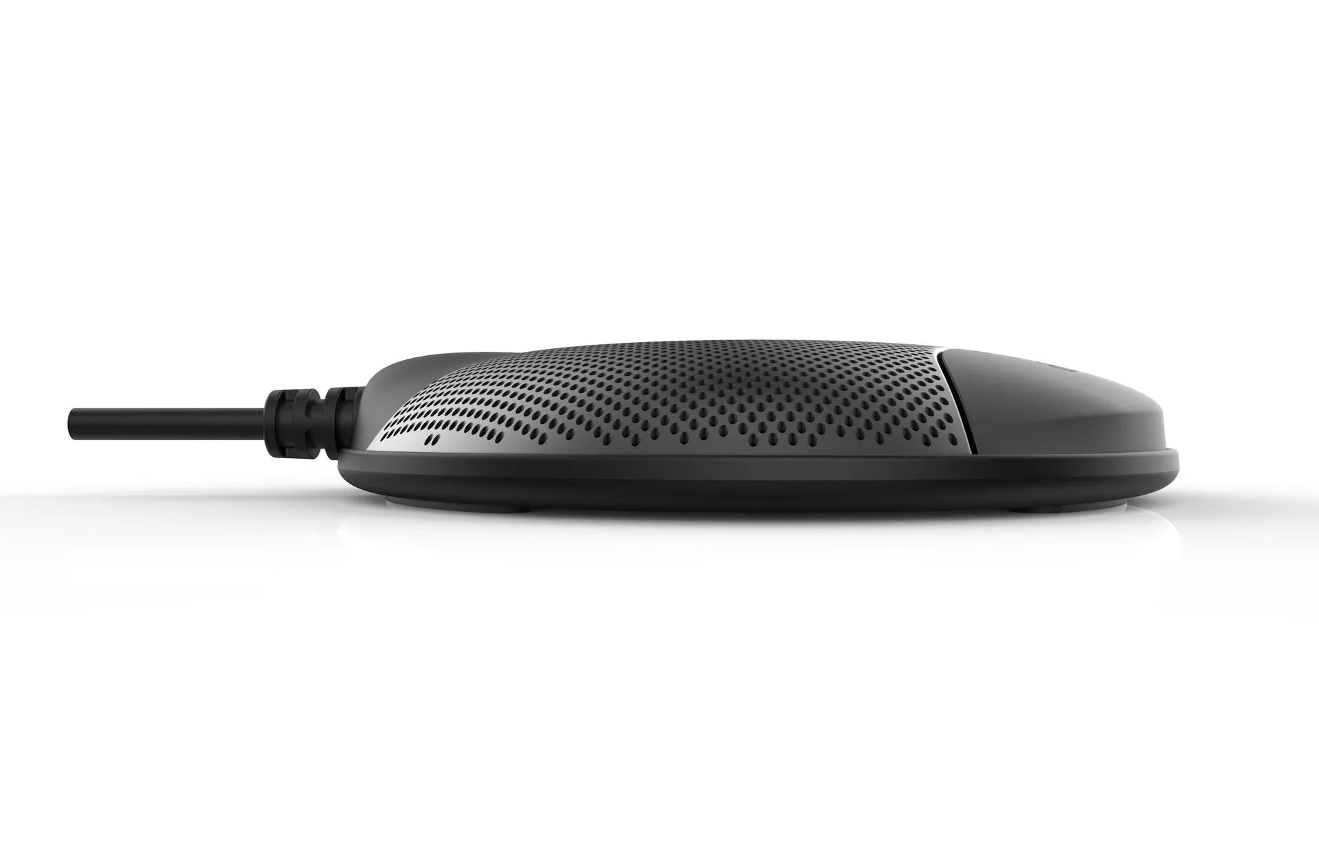 Black USB condenser microphone measuring 9x9x1.7cm with capacitive interface