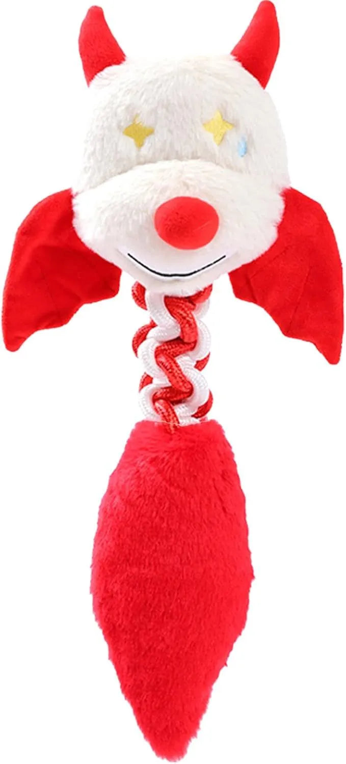 Large black plush dog toy with rope and cartoon shape for aggressive chewers.