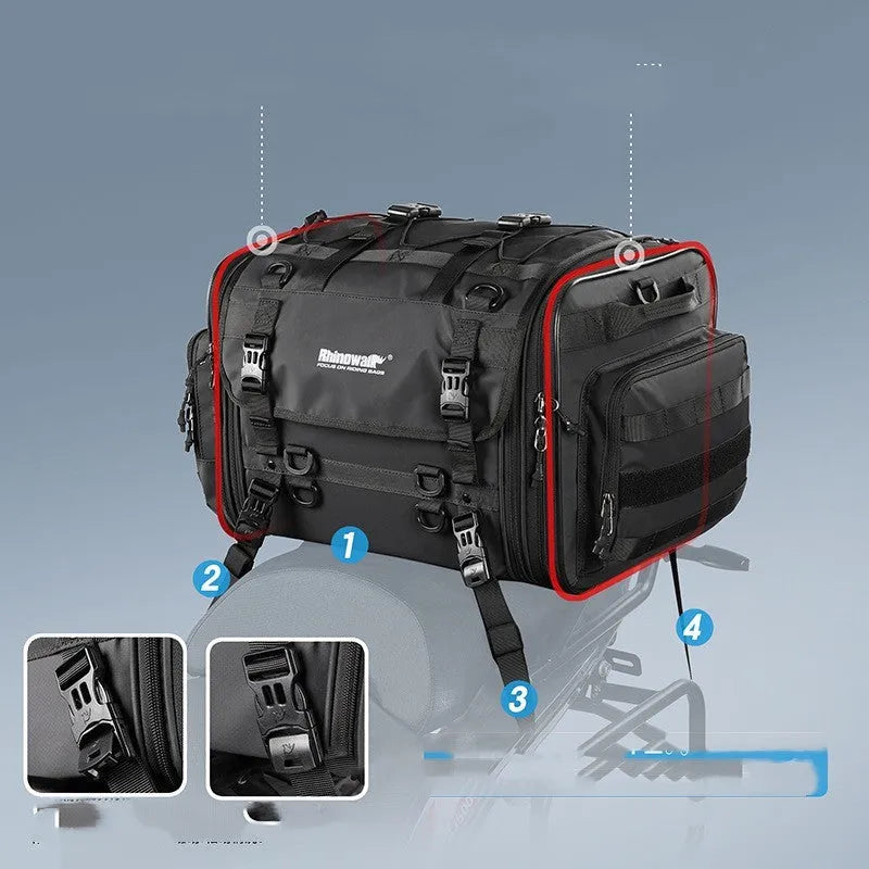 Expandable black polyester motorcycle rear seat bag measuring 31.5x31.5x44cm with rain cover and shoulder strap