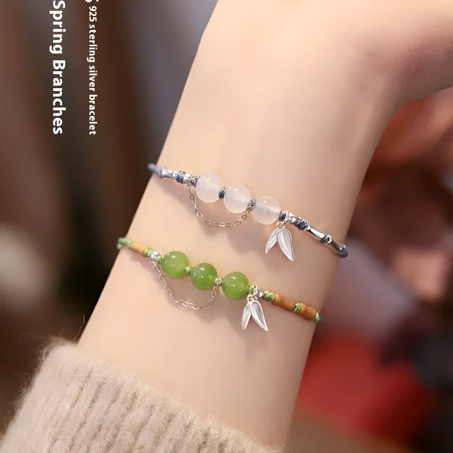 Women's diamond shape Hetian jade bracelet with woven carrying strap in light green or haze blue