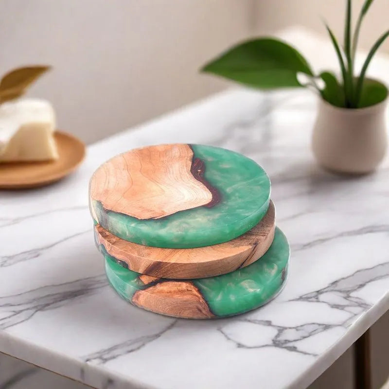 A solid colour resin coaster on a wooden table, showing its 1cm thickness and irregular Nordic shape.