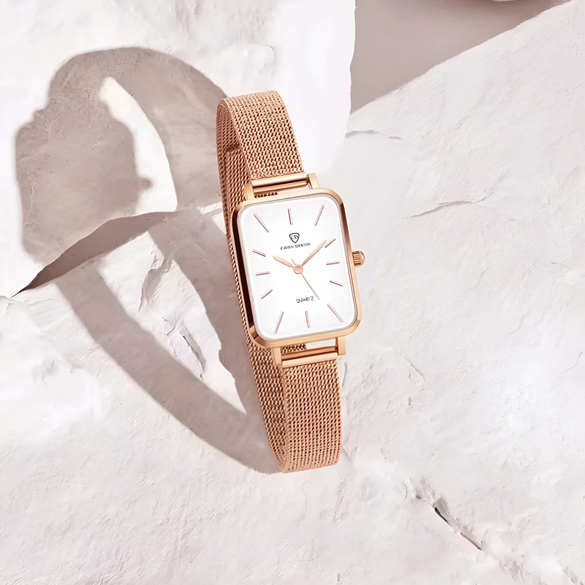 Women's rose gold or silver waterproof quartz watch with alloy case and woven steel strap