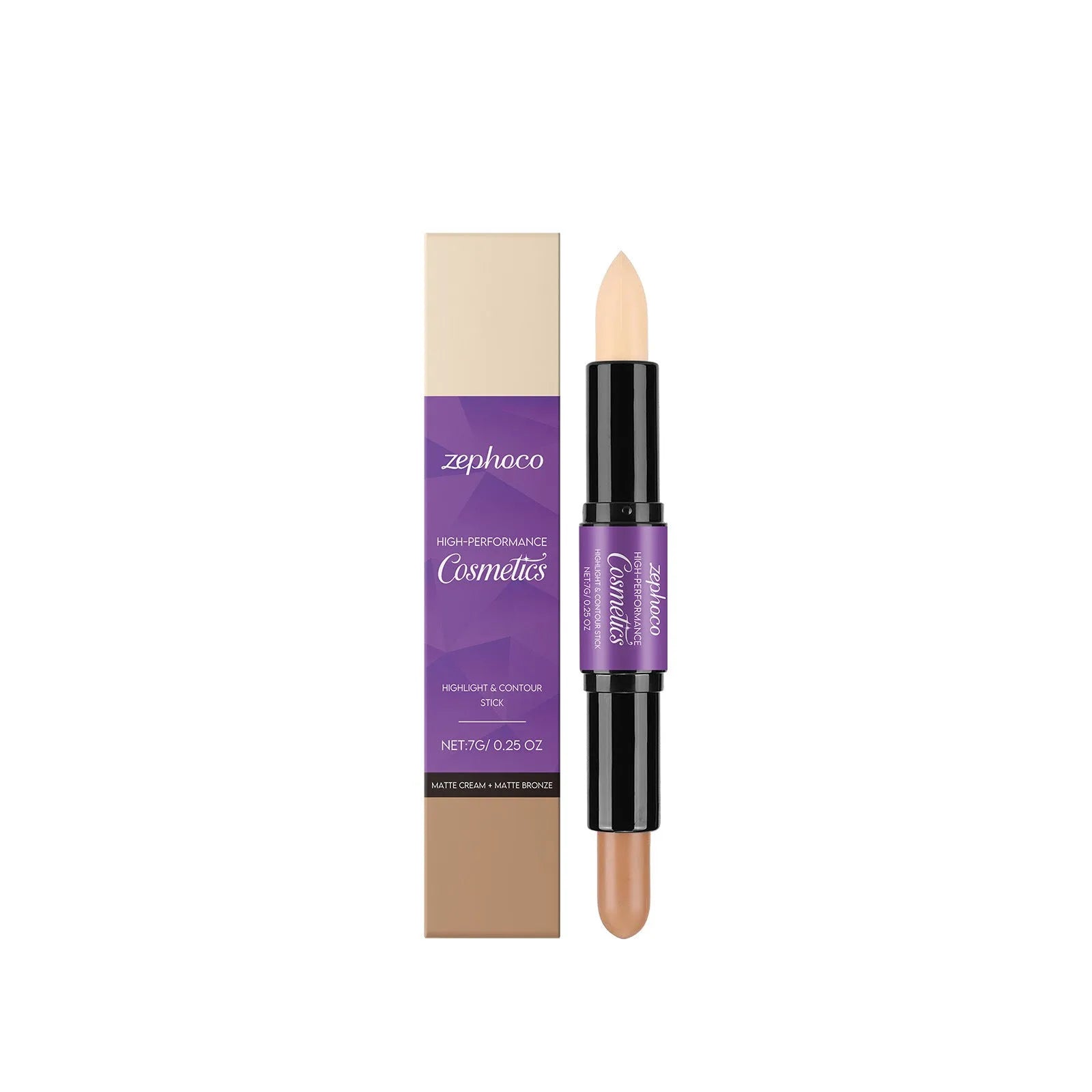 ZEPHOCO dual-ended cream highlighter and contour stick in matte bronze, amber, or high gloss bronze finish