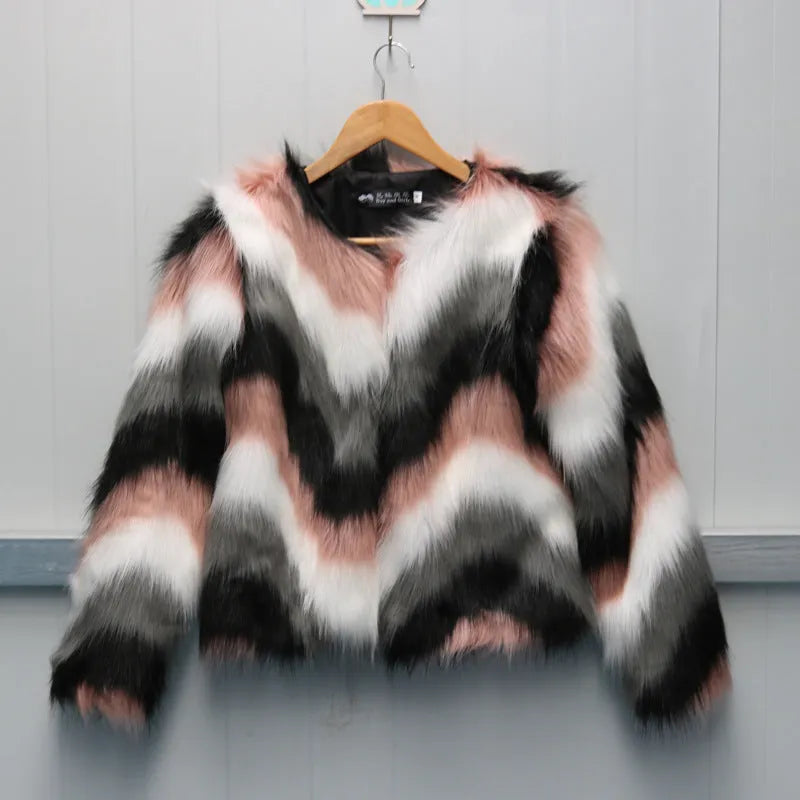 Korean style women's faux fur leather short coat with O-neck and long sleeves