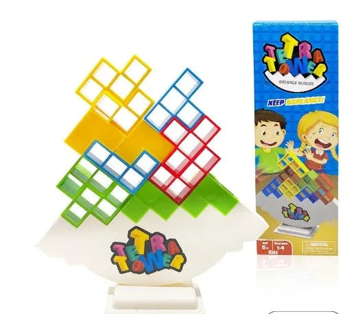 Plastic balance stacking board game with 16 coloured blocks, chassis, and base on a 26.5cm square box.