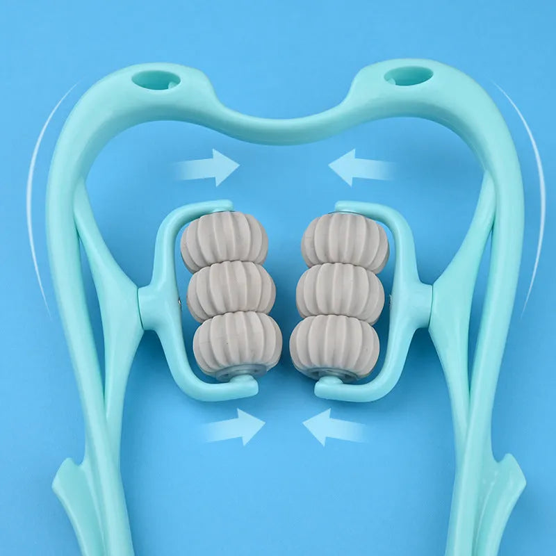 Blue handheld plastic massager with six white rotating wheels for deep tissue massage.