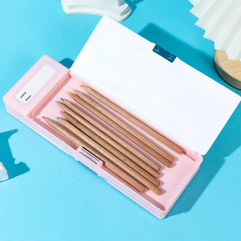 Multifunctional plastic pencil box with double-sided opening and calculator in colour options
