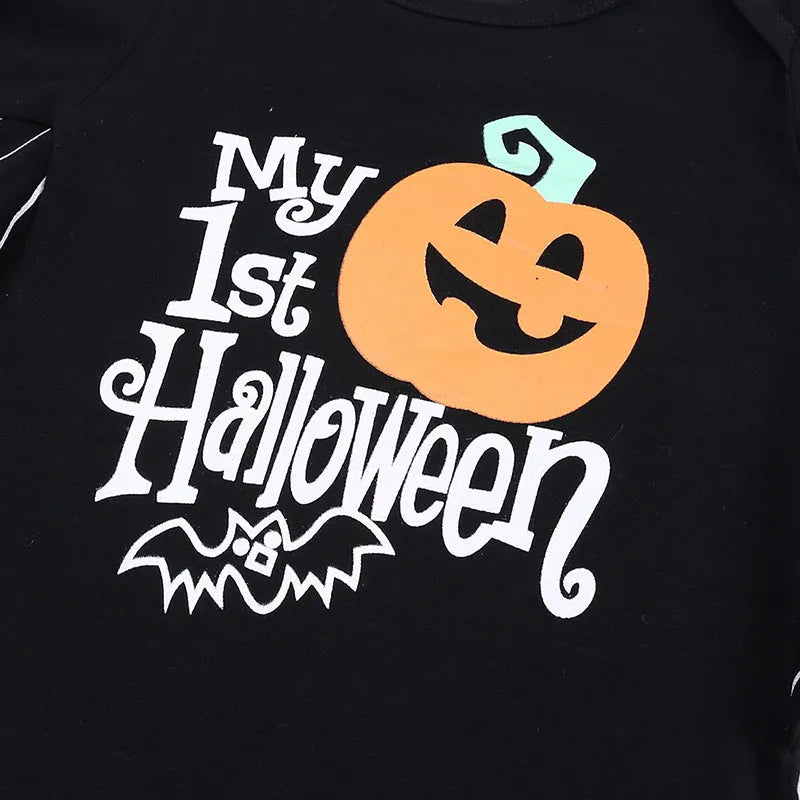 Baby Halloween long-sleeved cotton triangle jumpsuit with pumpkin letter print and removable hood
