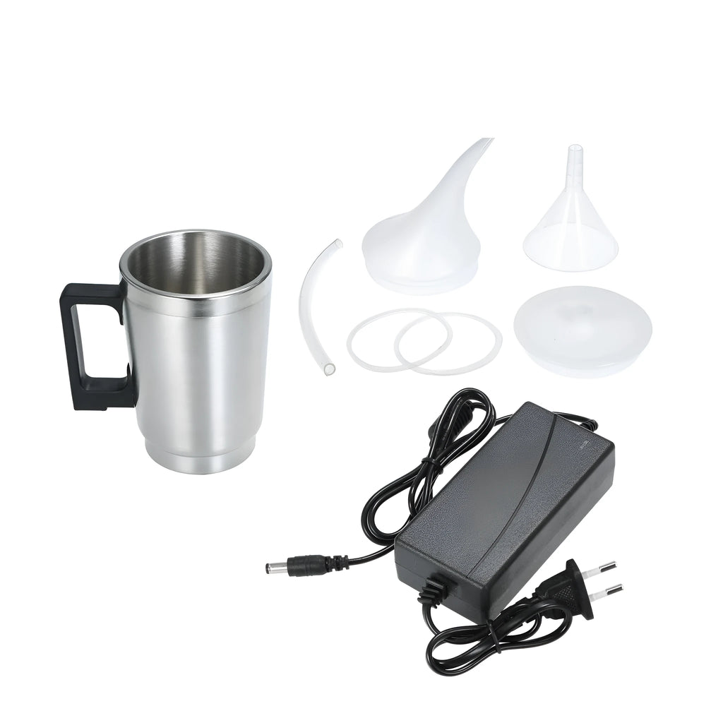 Stainless steel headlamp repair kit showing polishing cups and power adapters for GB/US and European plugs.