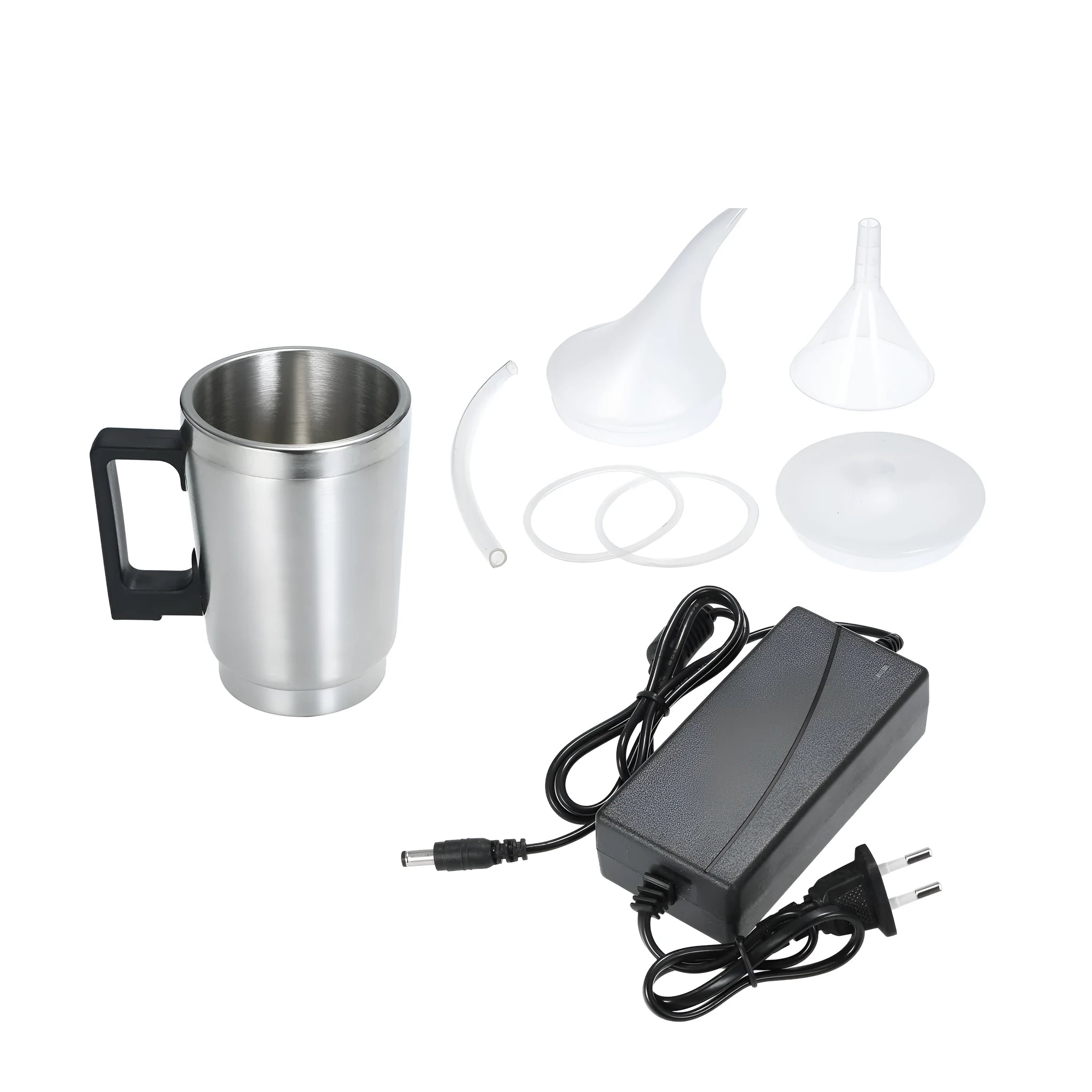 Stainless steel headlamp repair kit showing polishing cups and power adapters for GB/US and European plugs.