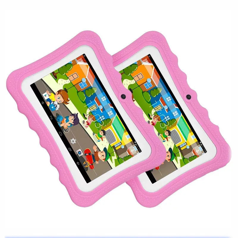 Children's tablet learning machine with 7-inch HD screen in rose pink, front view showing display and camera