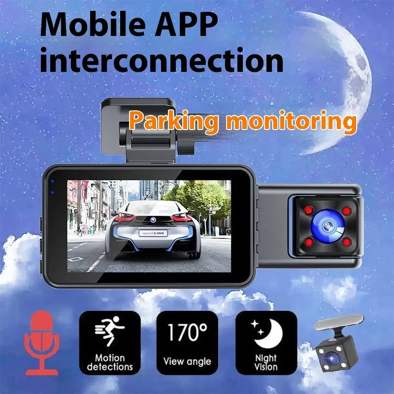 Black 3-lens car dash camera with 3-inch screen for front windshield mounting