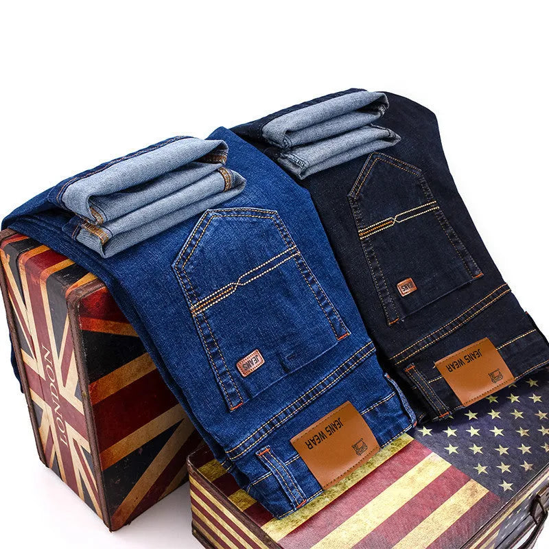 Men's stretch slim straight business casual jeans in blue cotton denim, available in sizes 28 to 40