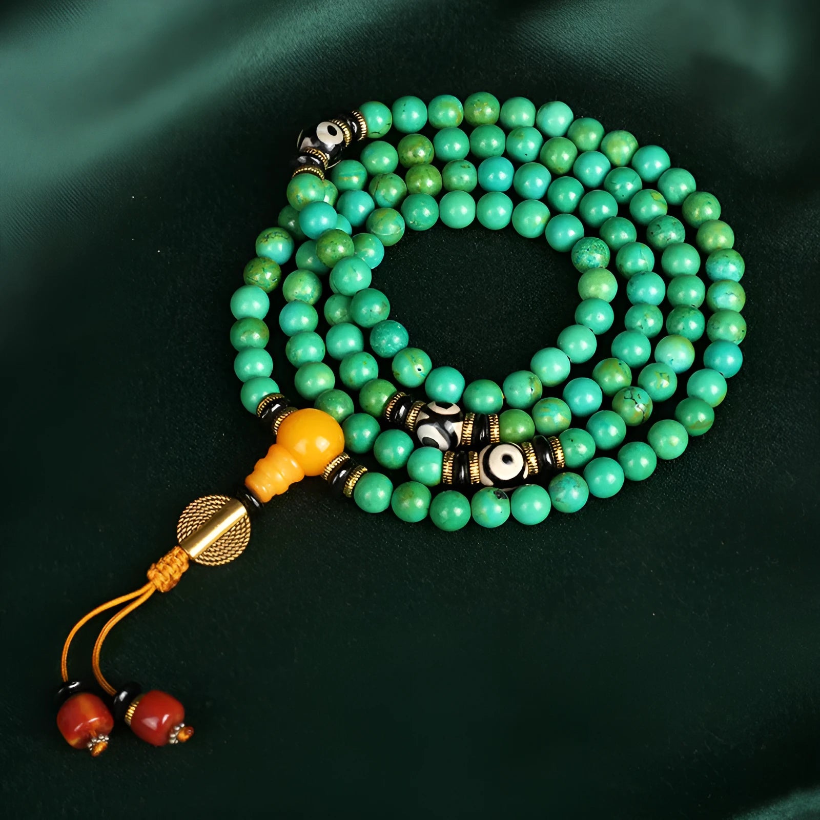Natural raw ore turquoise bracelet with 108 polished 8mm round beads in national style