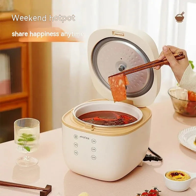 White or beige intelligent rice cooker with 3L capacity and digital control panel