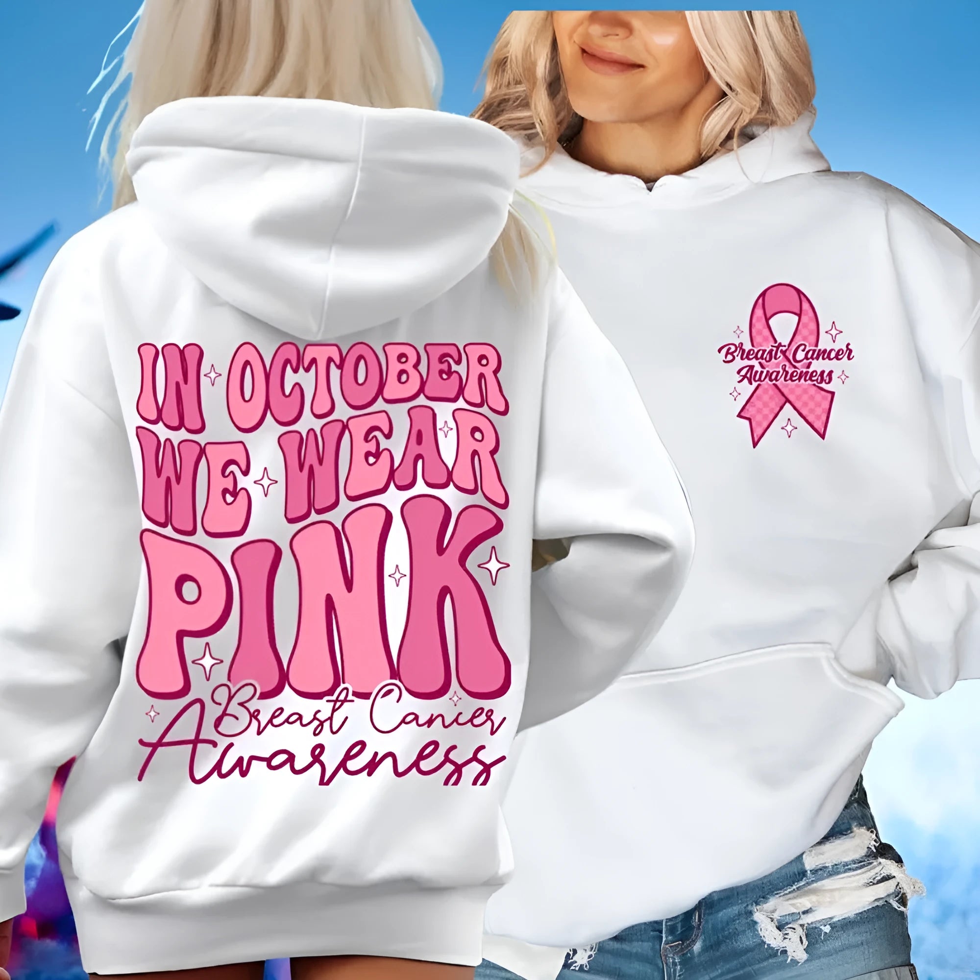 Breast Cancer Awareness pullover hoodie with retro art design and side pocket in pink colour