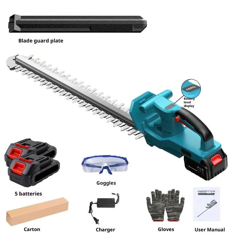 Lithium battery wireless electric hedge trimmer with two batteries, charger, gloves and goggles on a workbench