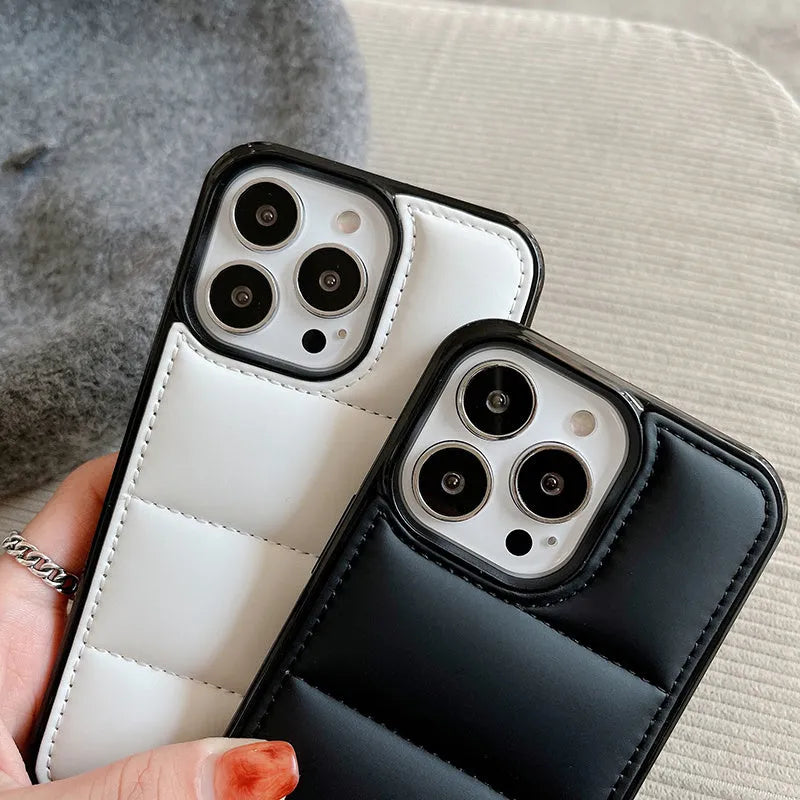 Candy Down Jacket shape phone case for iPhone in black, white, rose red, or green solid colours.