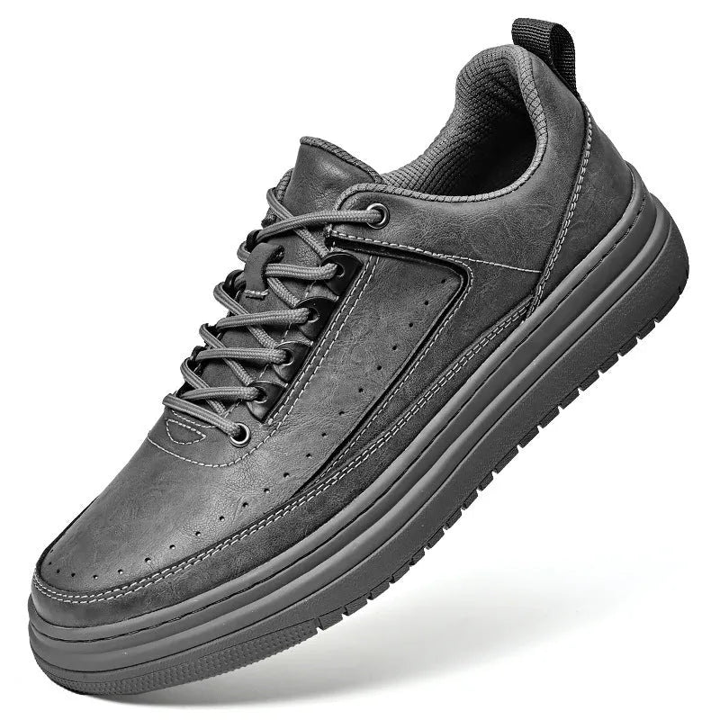 Men's retro genuine cowhide leather lace-up casual shoes in black, round toe, flat heel, rubber sole