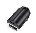 Small black zinc alloy 30W USB-C car charger for cigarette lighter socket with PD and QC fast charging.