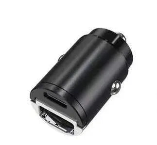 Small black zinc alloy 30W USB-C car charger for cigarette lighter socket with PD and QC fast charging.